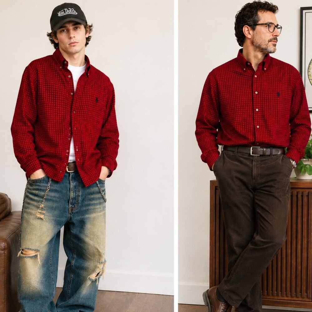 Vintage Ralph Lauren Classic Fit Red Black Plaid Button Down Shirt Large
